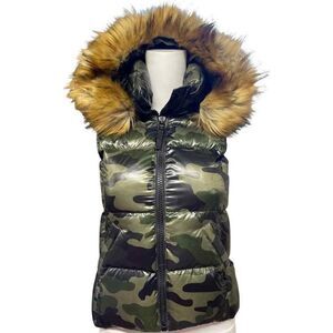 S13 Snowcat Puffer Vest XS/S Green Camo Down Faux Fur Hood Vest  Stand Collar